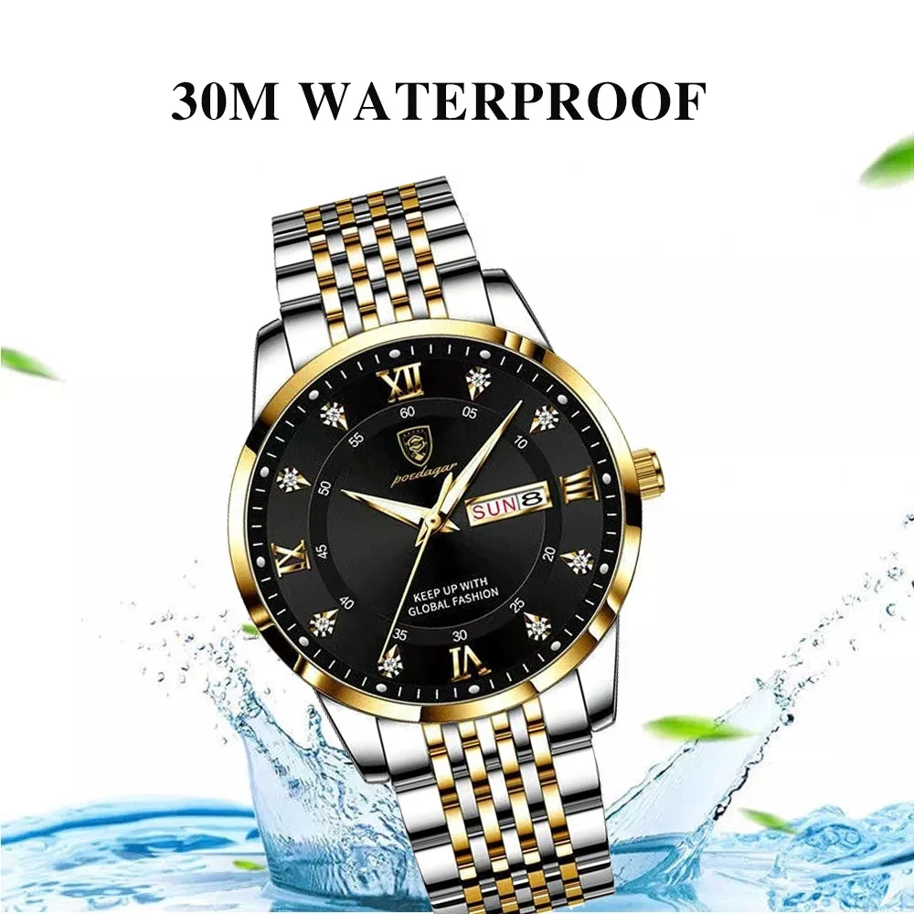 POEDAGAR Men Watches Stainless Steel Push Button Hidden Clasp Week Date Waterproof Luminous Top Brand Luxury Quartz Wristwatch