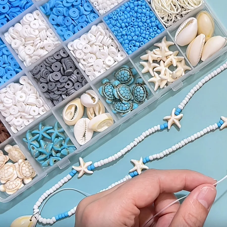 3200pcs Marine Style Soft Ceramic Bead Kit, Containing Beads in the Shape of Shells, Turtles, Starfish, Women's DIY Beads Making