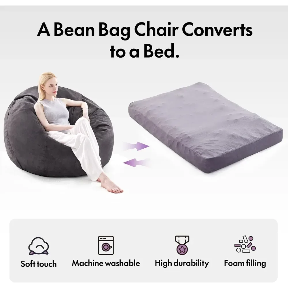 Large Bean Bag Chairs for Adults, Convertible Bean Bag Bed, Huge Bean Bag Couch Sofa Floor Bed Mattress, Foam Filler，Black Queen