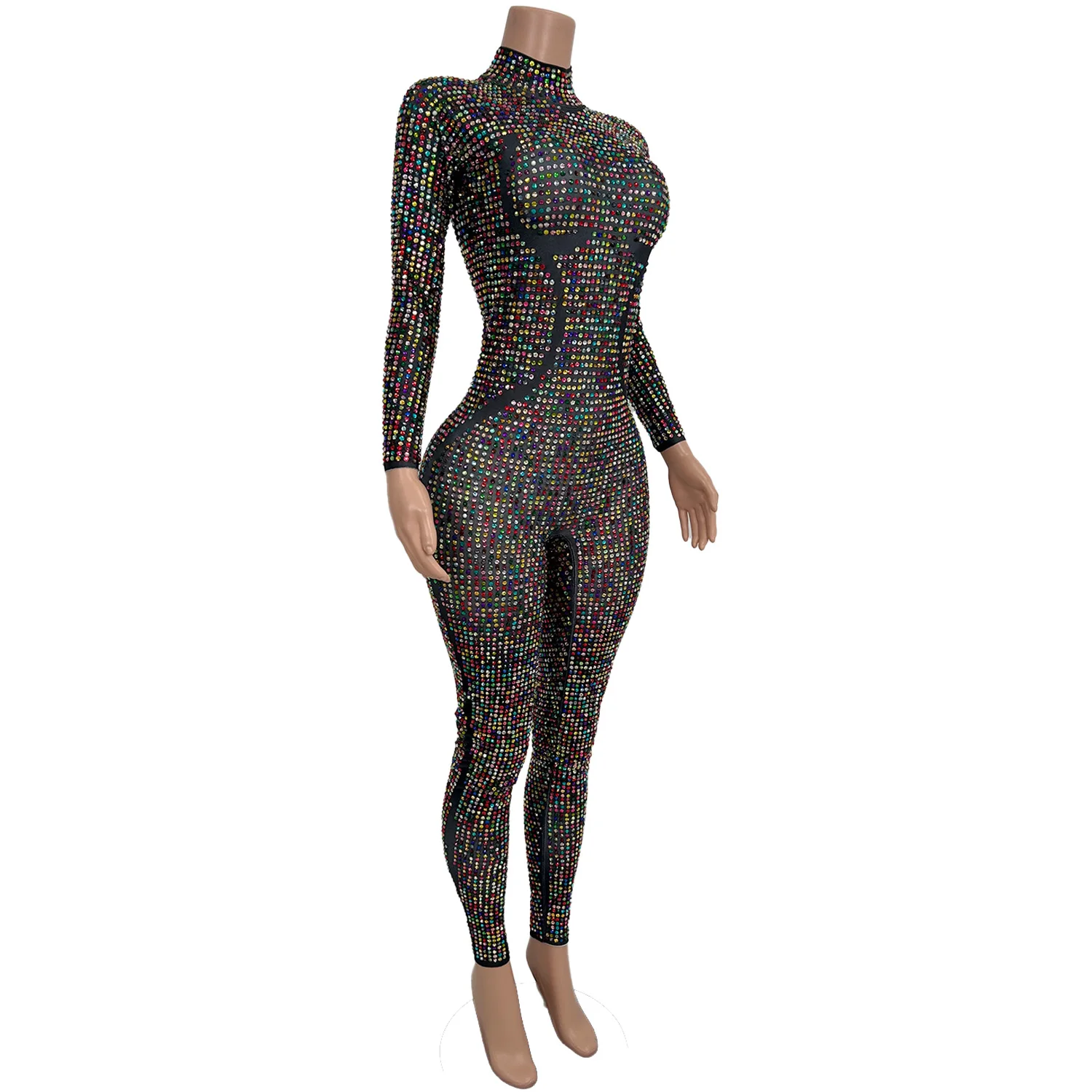 Luxury Sparkly Full Rhinestone Tight Fitting Jumpsuit Women Sexy Dance Performance Costume Night Club Drag Queen Outfit Jingdian
