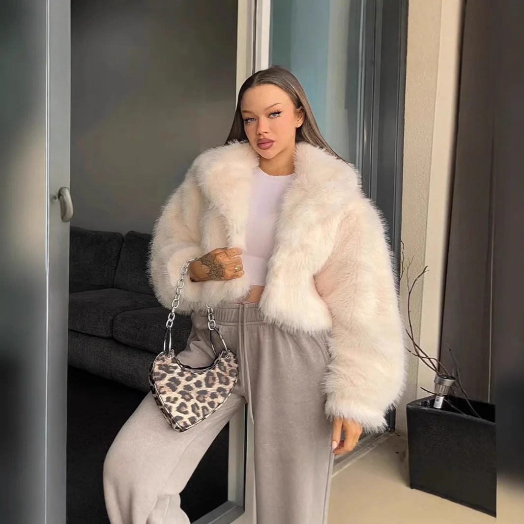 Abrigo cálido de piel de zorro sintética para mujer, abrigos cortos lisos de manga larga con solapa, chaqueta para mujer, ropa de calle elegante, cárdigan peludo para Otoño e Invierno