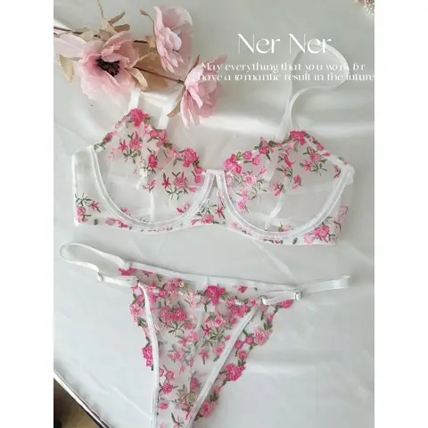 Kawaii Japanese Lingerie Set Sheer Tulle Pink Floral Embroidery Bra Bralette sexxy Pure Matching Set BANERDANNI sexxy Tushy Bras