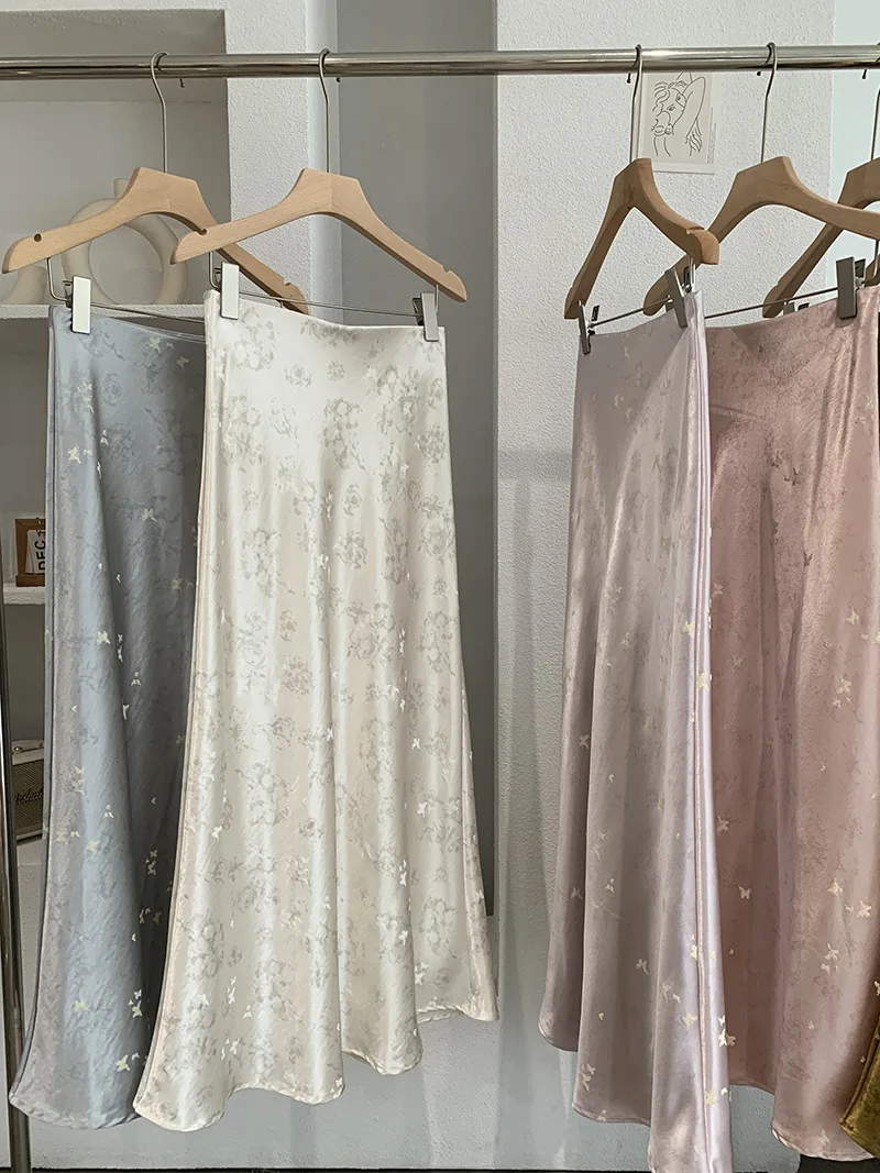 Women Acetate Satin Butterfly Print Midi Skirt Elegant Slim Bodycon Mermaid Hem Half Skirt Female Office Party Long Skirts