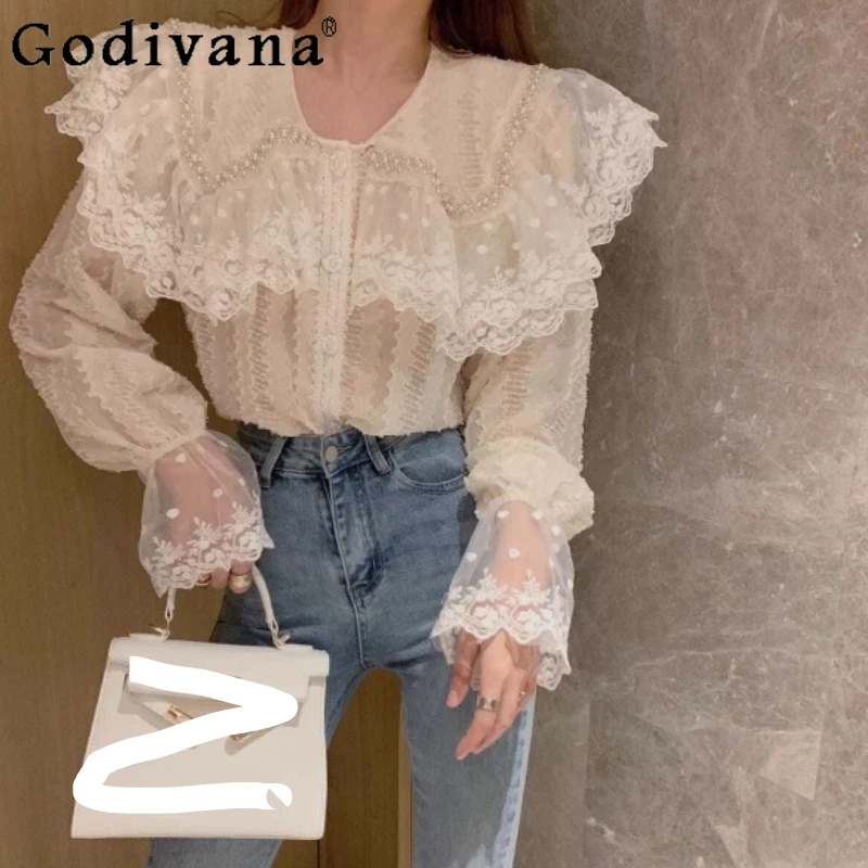 

Очень большой размер Элегантный кружевной шикарный осенний новый французский свободный топ с милым воротником Питера Пэна и длинным рукавом Универсальная модная рубашка Лолита