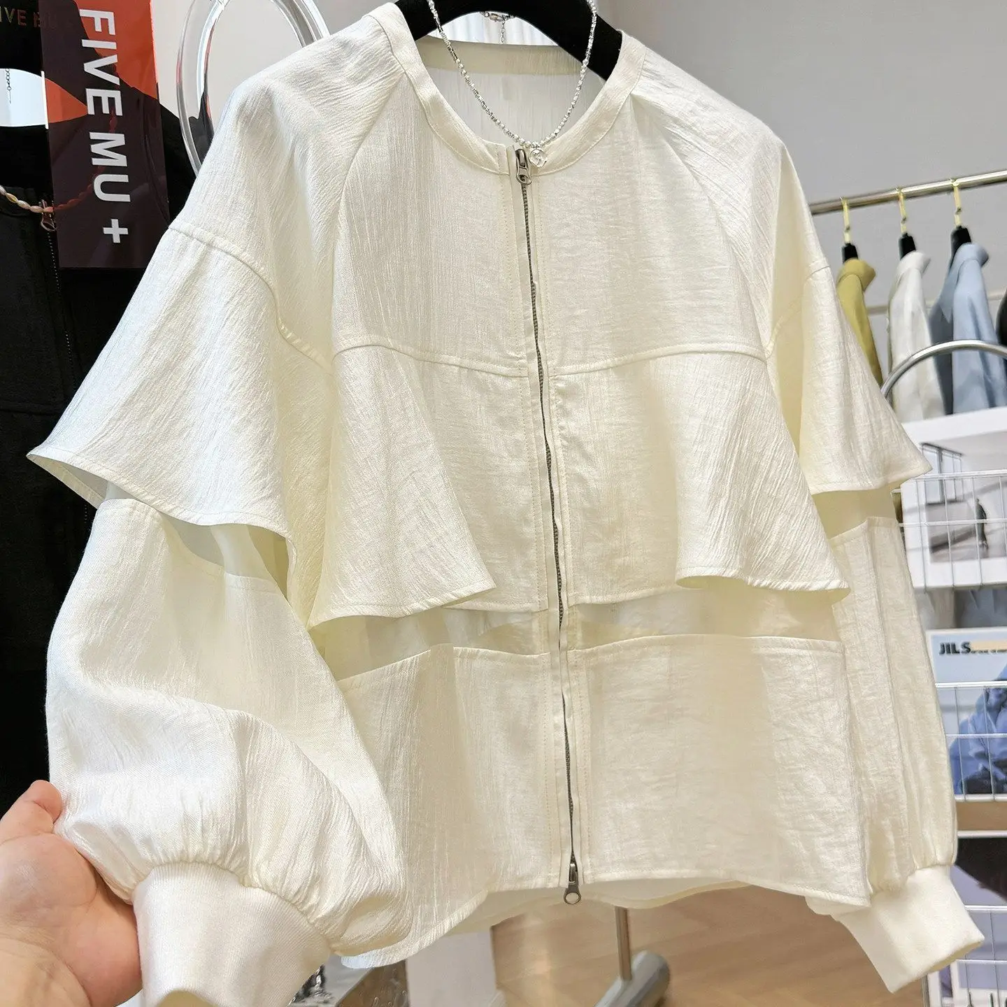 2026 spring clothing new design sense unique Korean round neck ruffle edge yarn short coat women's thin jacket