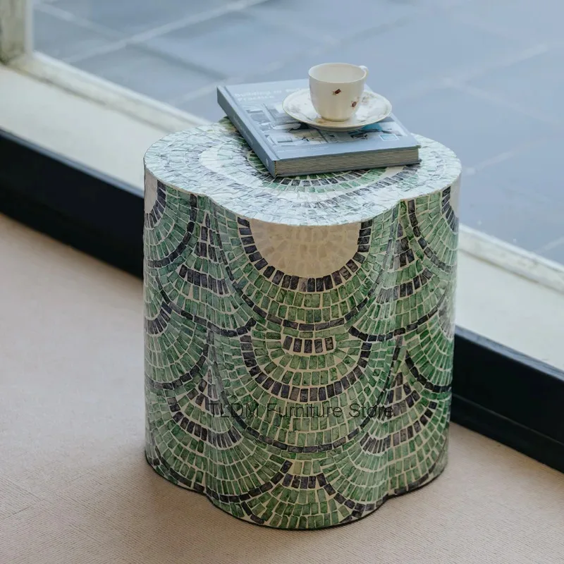 End Boho Handcrafted Mosaic Cloud Cube Pouf Stool Irregular Scalloped Edge Outdoor Patio Footrest Sofa Side Table Balcony