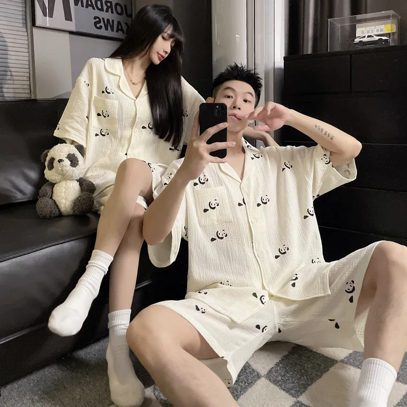 1 Set Men's Plus Size Cotton Gauze Pajama Set Short Sleeve Panda Print Lightweight Loose Fit Summer Lounge Sleepwear