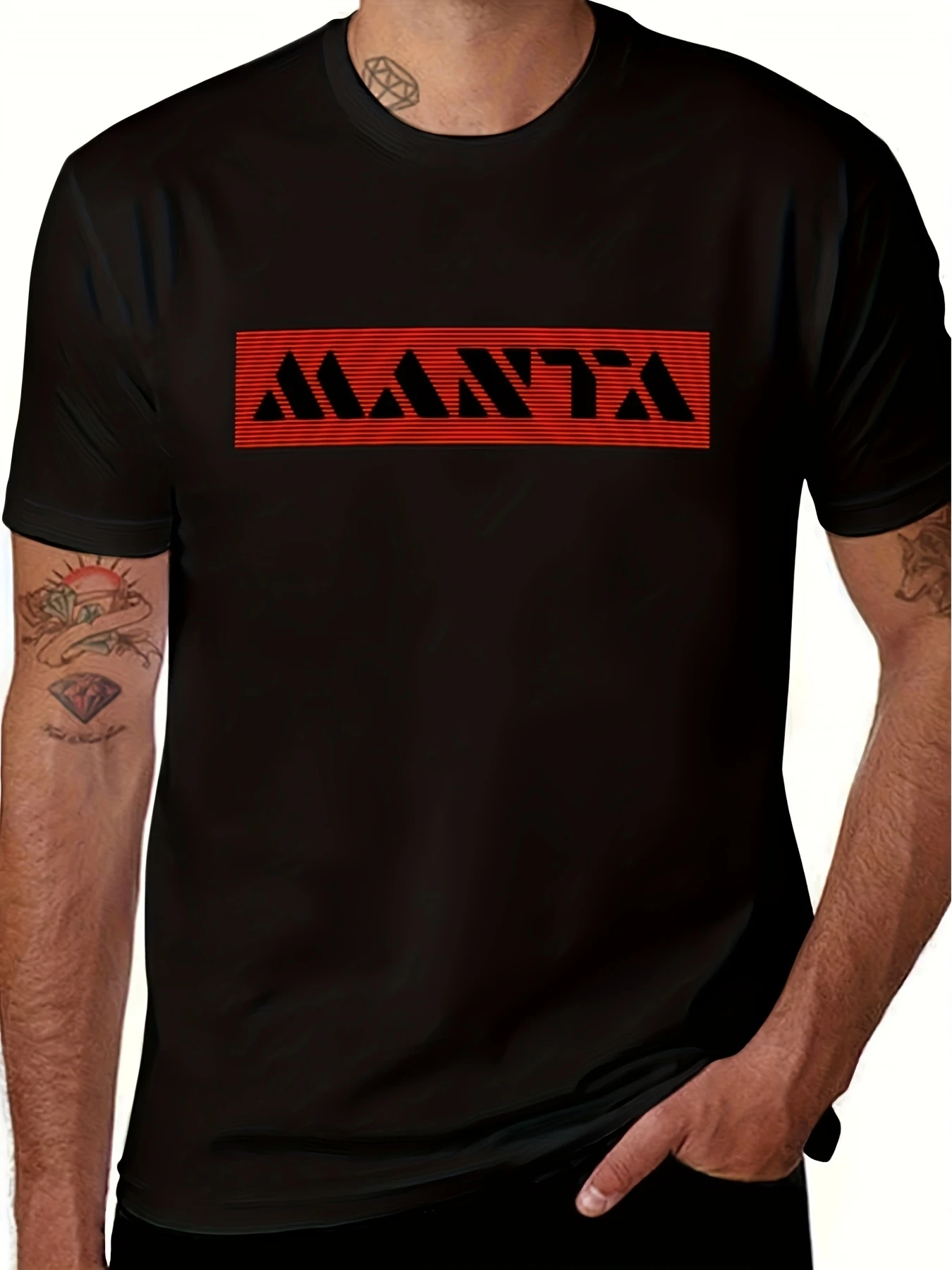 Men's Oversized Manta Ray T-Shirt - Black with Red and White Print Crew Neck Casual Wear for All Seasons Comfortable and Stylish