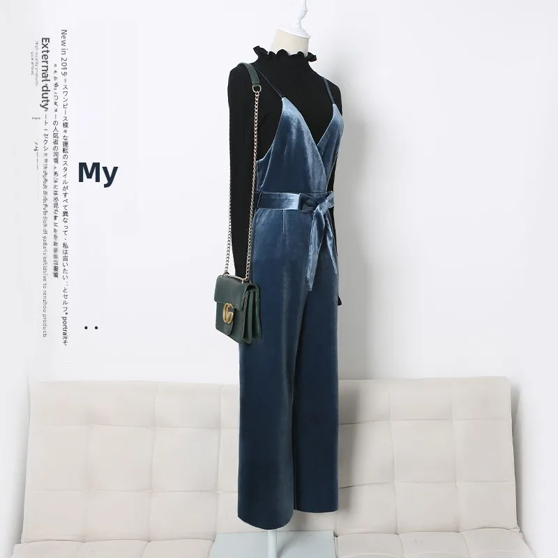 

Бархатный комбинезон с высокой талией и широкими штанинами, женский новый осенне-зимний комплект Faion Ele Ladylike Sle, брюки с девятью точками, полиэстер F...