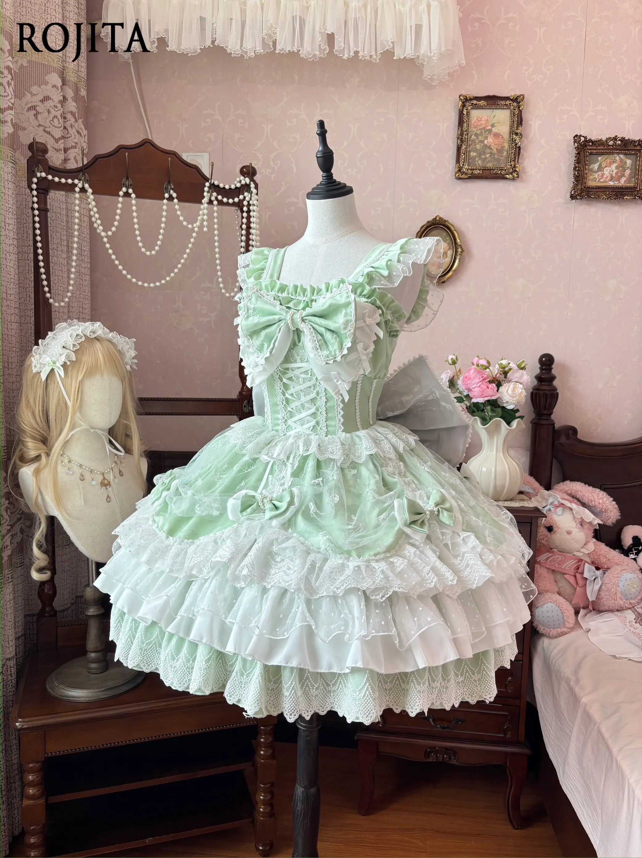 

4XL Lolita Flower Wedding Lolita Original Design Dress Elegant Mint Green Lolita JSK Dress Set with Lace Ruffle Bows