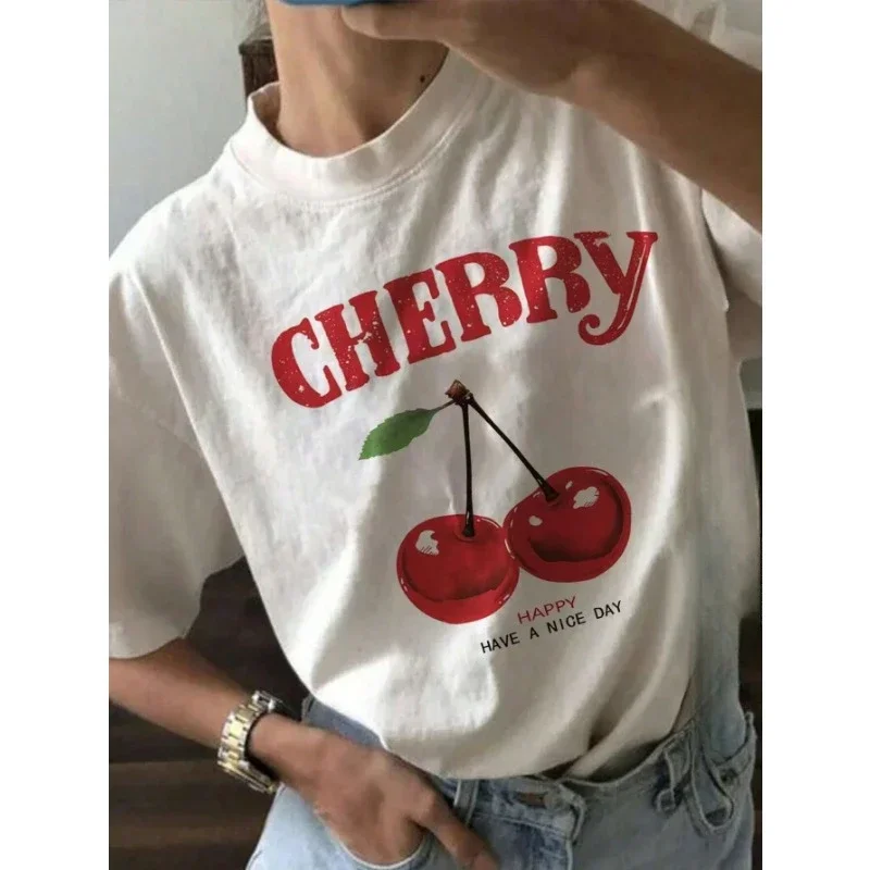 

Summer Women Fashion T-Shirt Cherry Print O-Neck Cotton Tops Tees Floral Graphic Short Sleeve Clothing Female Casual Streetwear