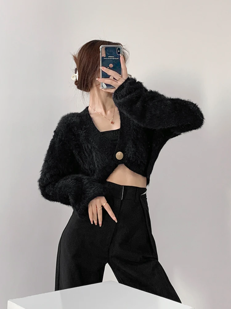 Cropped Cardigans Women Fluffy Elegant Fashion Korean Style Autumn Youthful Slim Soft Temperament Advanced Pure Vintage Knitwear