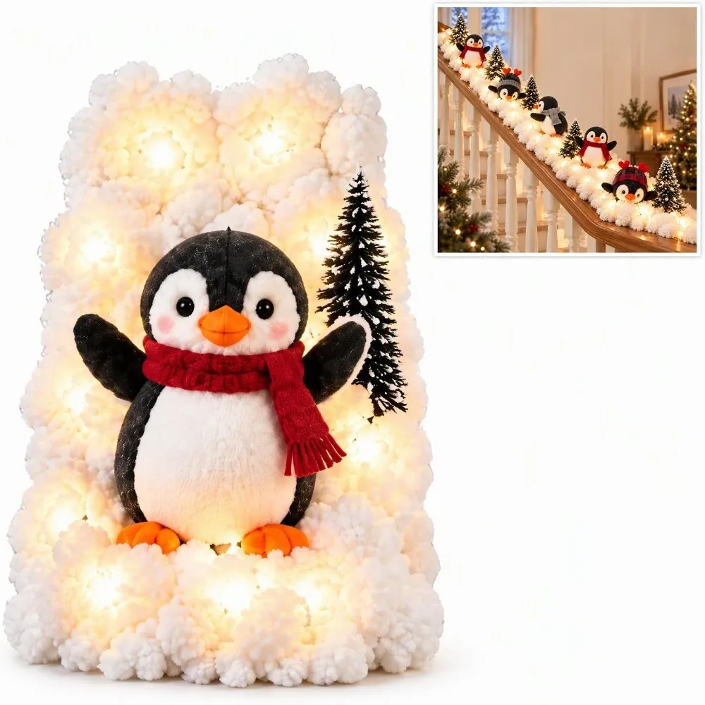 Cute Skiing Penguin Christmas Stair Snow Decor with LED Lights Christmas Stair Garland Banister Decor Winter Ornament