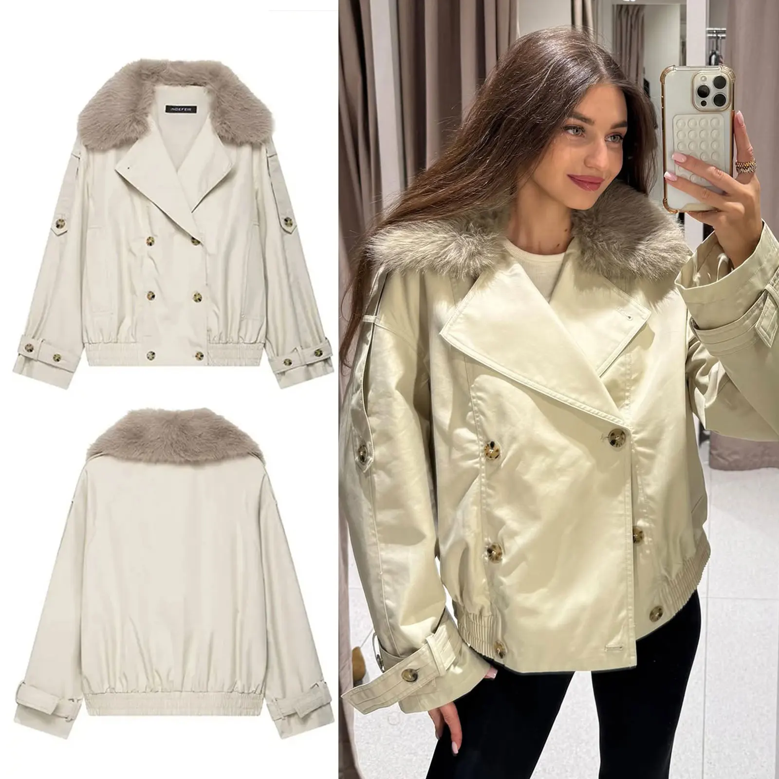 

HH Women's 2025 Fall Fashion Trench Coat Long Sleeve Double Breasted Lapel Hairy Collar Causal Jackets Loose Outerwear