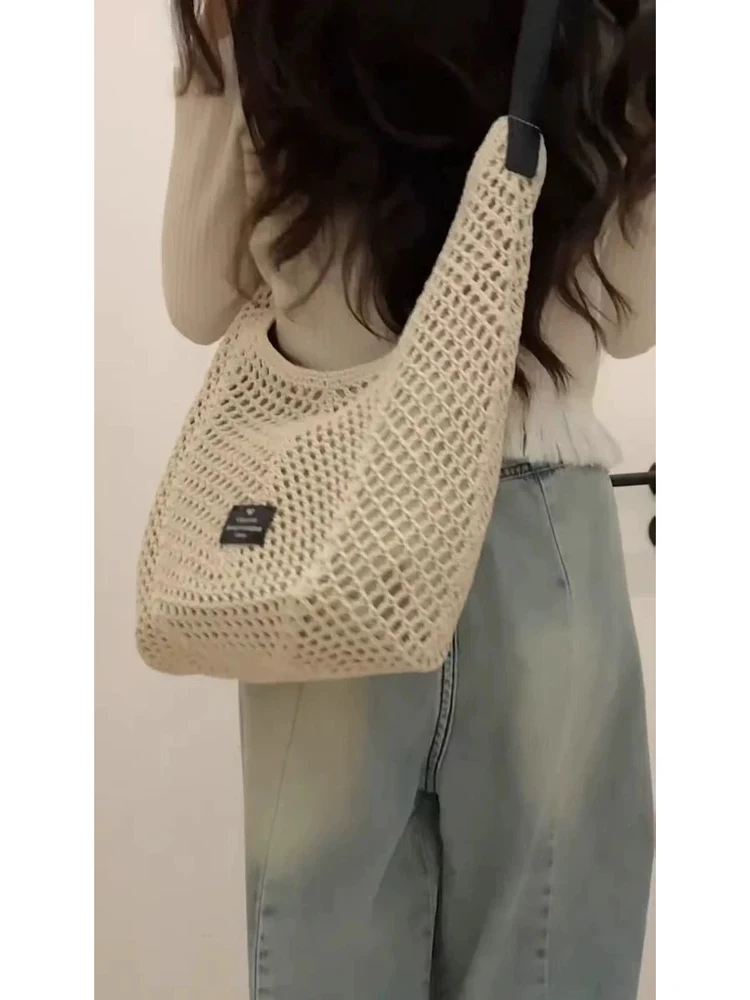 Large Capacity Hollow out Knitted Tote Bag Crossbody Beach Summer 2025 New Style Women's Handbag Woven Cotton Shoulder Bag