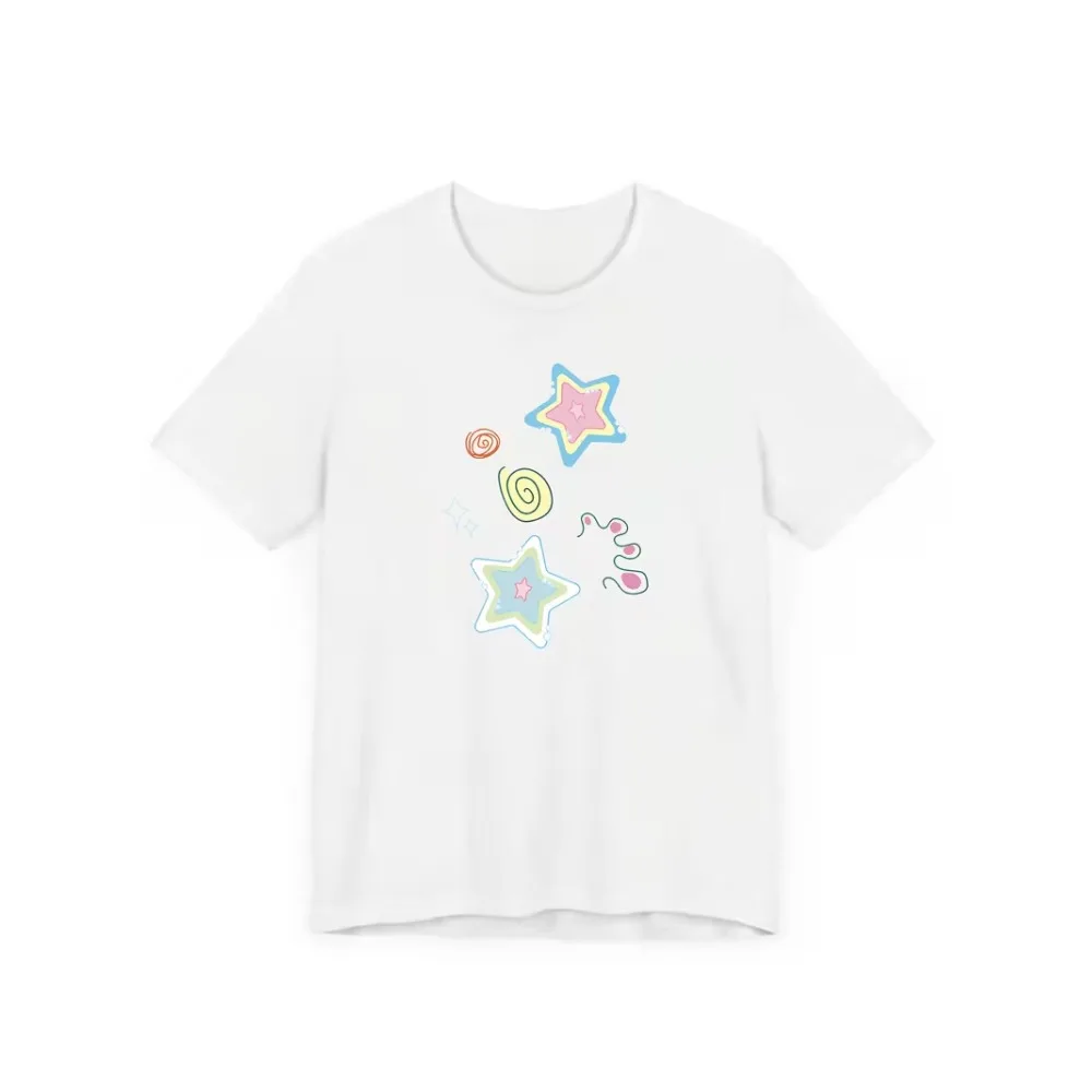 Pastel Kawaii Star Graphic T-Shirt Cute Colorful Doodle Swirl Print Soft Casual Short Sleeve Y2K Daily Comfort Women Basic Top