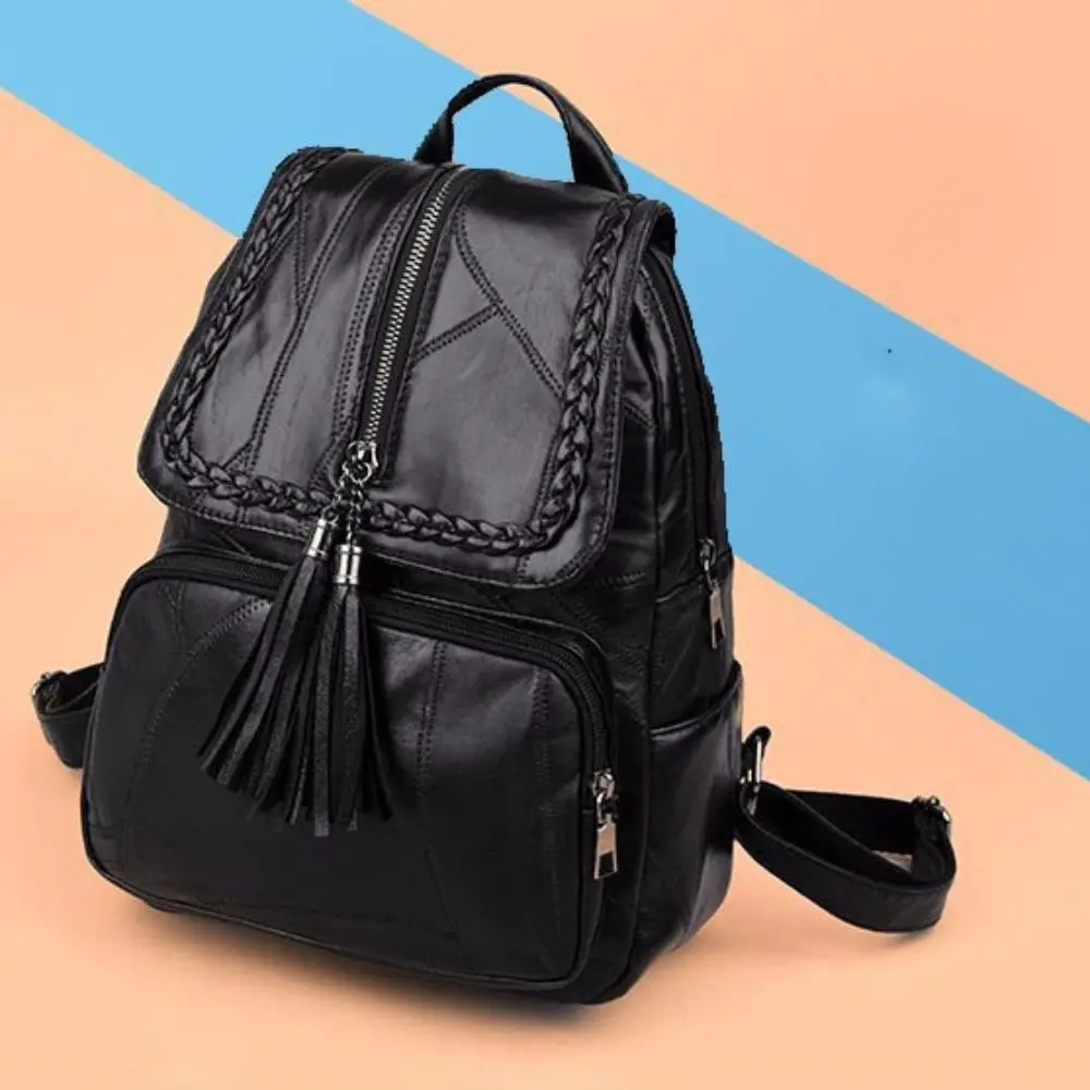 Cute Solid Color PU Leather Backpack Black Korean Style Tasse Shoulder Bag Handbag Soft Students School Bag Lady