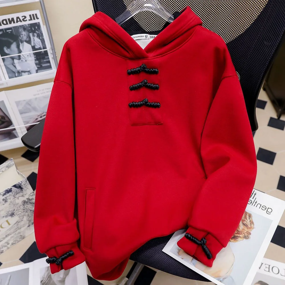 

plus Size Women's Red Hoodie Spring Loose Meat Concealing Button Design Casual Comfortable Breathable Streetwear Sle
