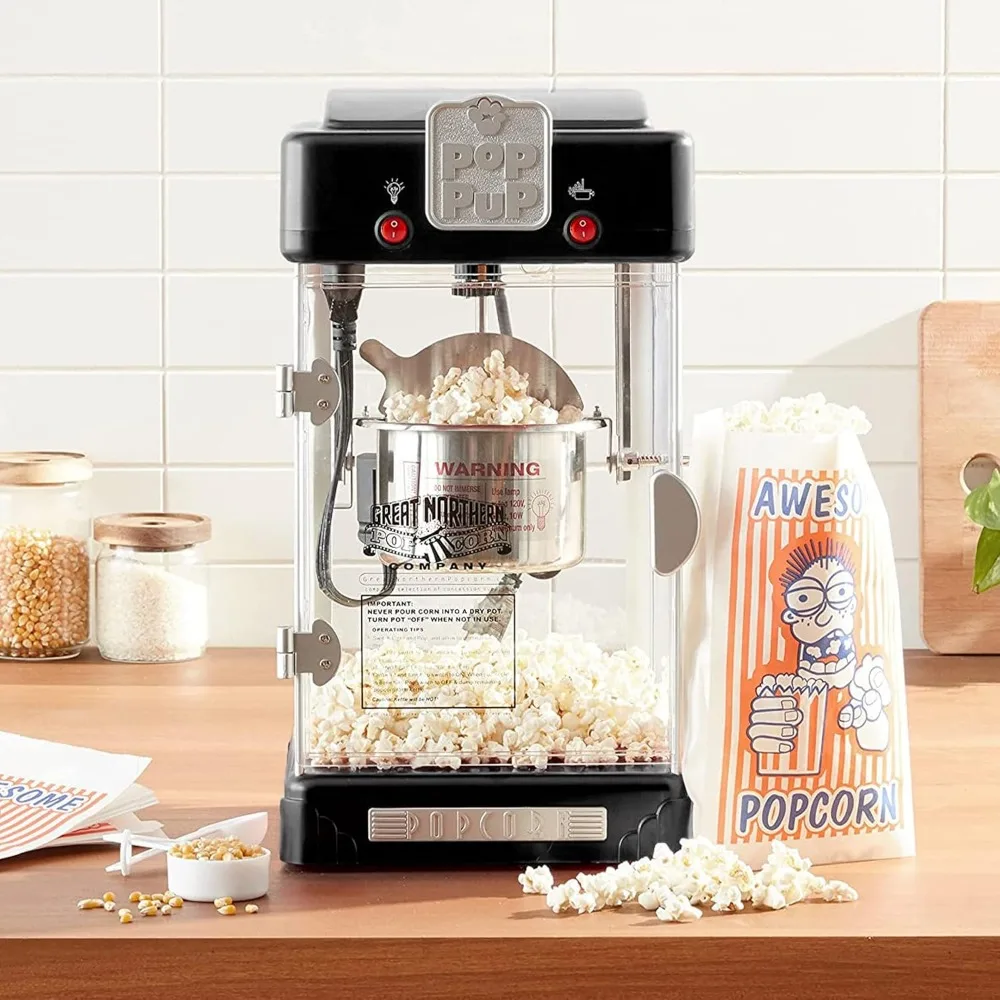 Macchina per popcorn da 2,5 once, popcorn da tavolo per cinema, bollitore in acciaio inossidabile e vassoio da portata, macchine per popcorn