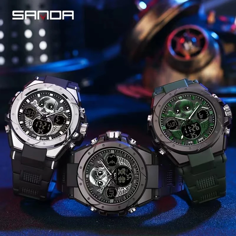 SANDA 6087 Fashion Skull Design Dial Quartz Digital Movement Soft TPU Strap Electronic Men Wrist Waterproof Sport Watch