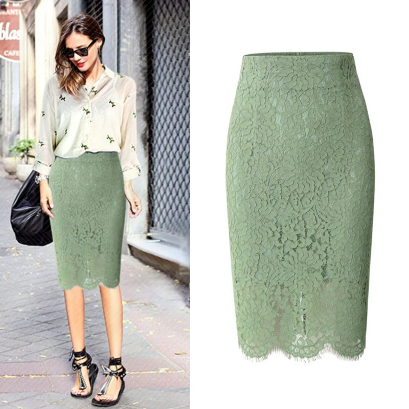 

Spring Summer Lace Midi High Waist Bodycon Skirt Slimming Hollow over Knee One Step Skirt Suyuxianzi Brand Pure Color Versatile
