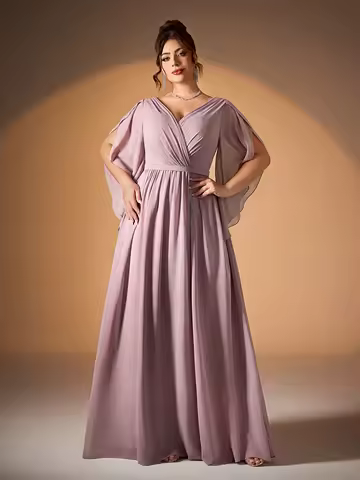 Mgiacy's new V-neck crossed pearl chiffon lotus leaf flowing sleeve evening dress