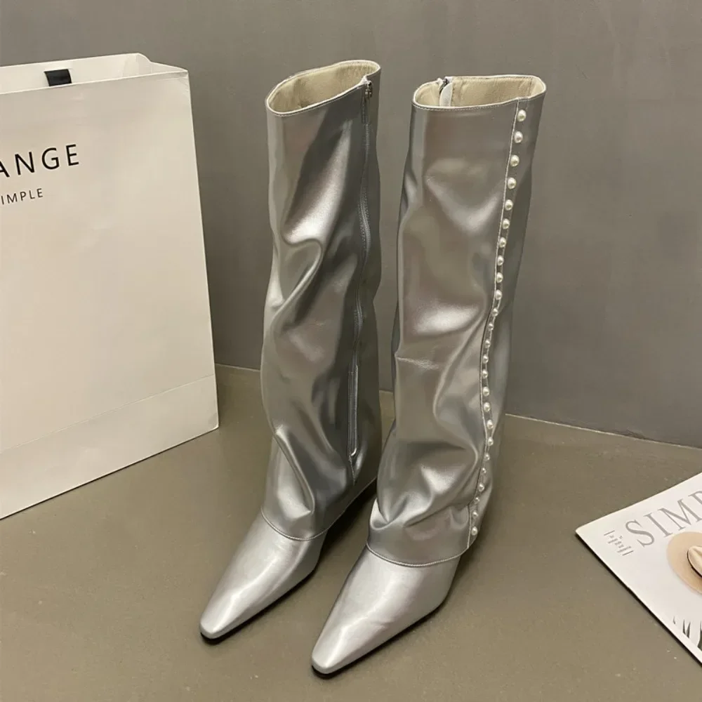 Women's Winter Boots Trend Autumn/Winter New Fashionable Tall Boots with Square Head and Slope Heel Pearl Boots Womens Shoes