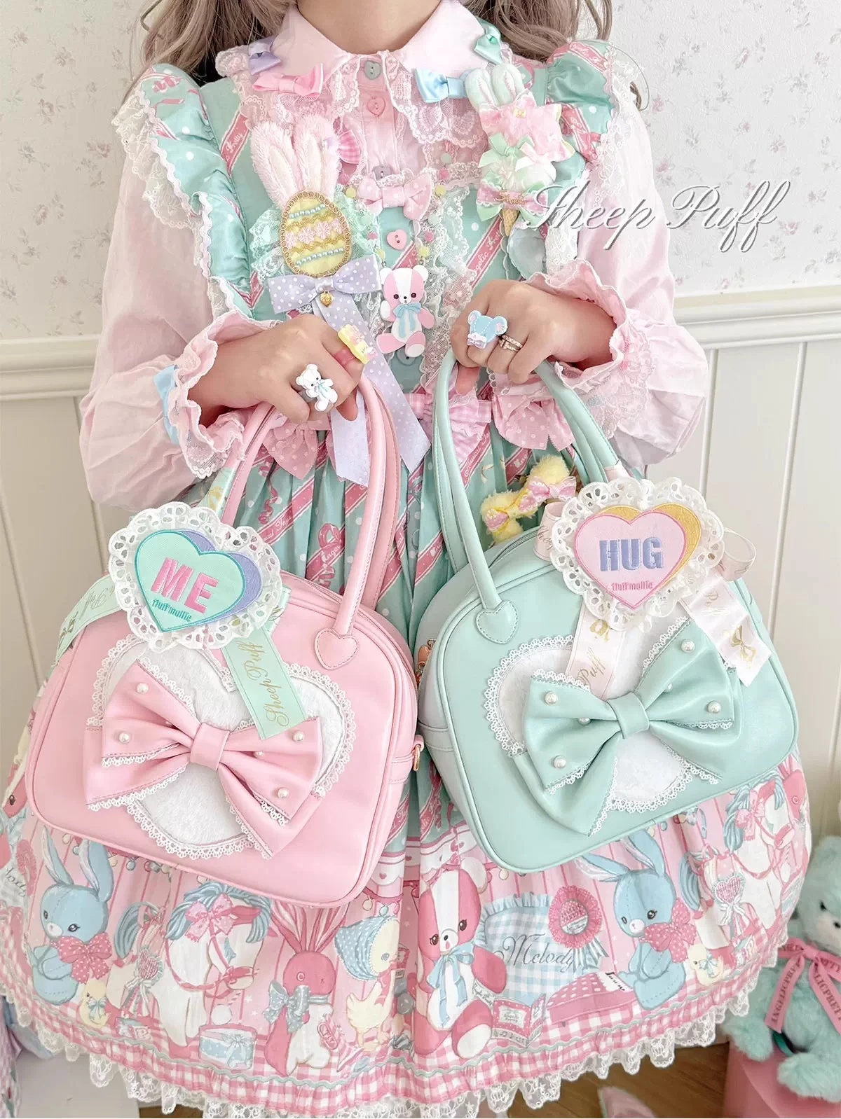 

Japanese Original Candy Color Sweet and Cute Love Boston Lollita Handbag Women's Original Design Cute Bow Lace Lo Sweet Girl Bag
