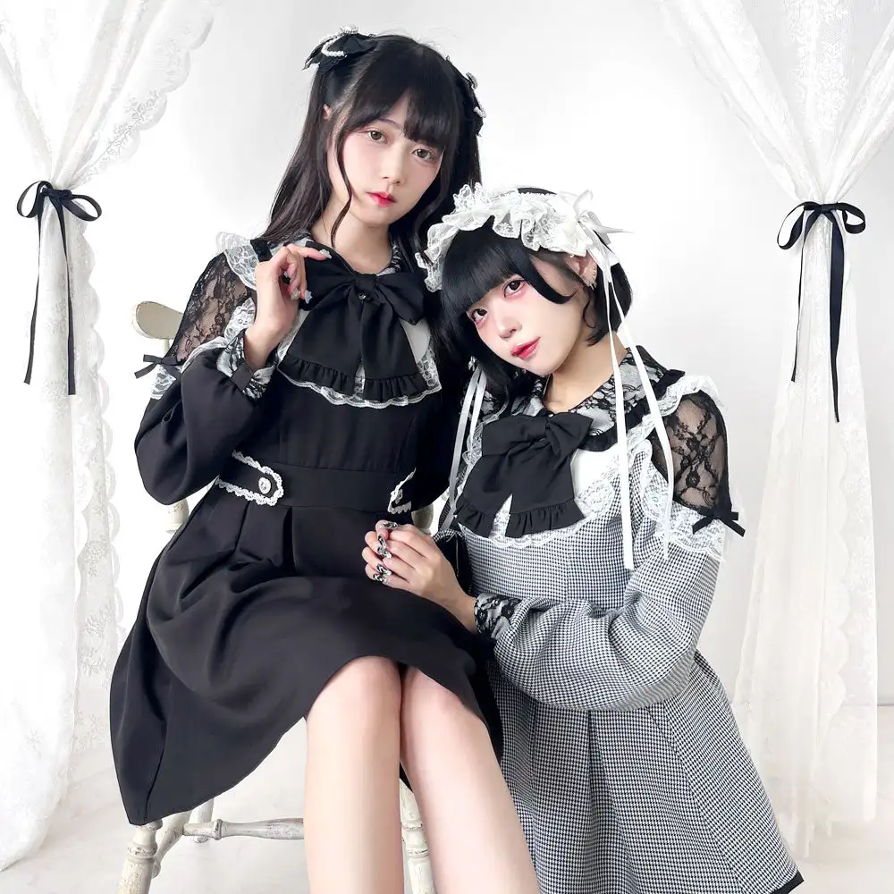 Japanese Style Lolita Dress Lace Splicing Bow Heavy Industry Slim Sweet Dress Lady Off Shoulder Long Sleeve Plaid Dresses Autumn