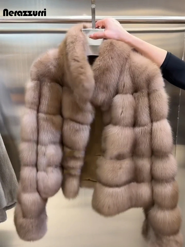 Nerazzurri Autumn Winter Short Hairy Soft Thick Warm Faux Sable Fur Coat Women Stand Collar High Quality Striped Fluffy Jacket