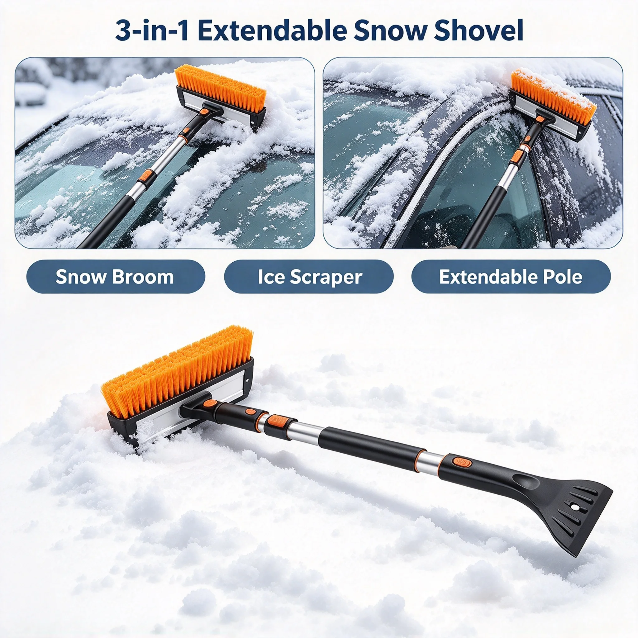 3-in-1 Car Snow Shovel Multi-Functional Winter Glass Snow Clearing Tool Car Snow Scraper Snow Remover Frost Removal Brush