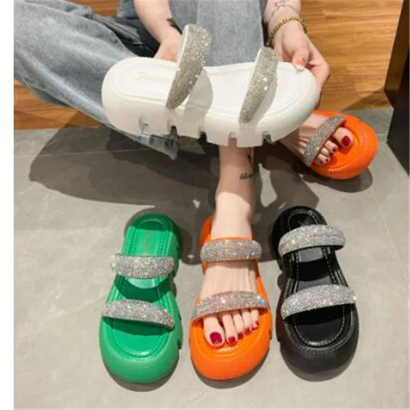 2024New Summer Flat Platform Orange Slippers Women Sandals Luxury Crystals Shoes 5cm Chunky Sole Cool Slides