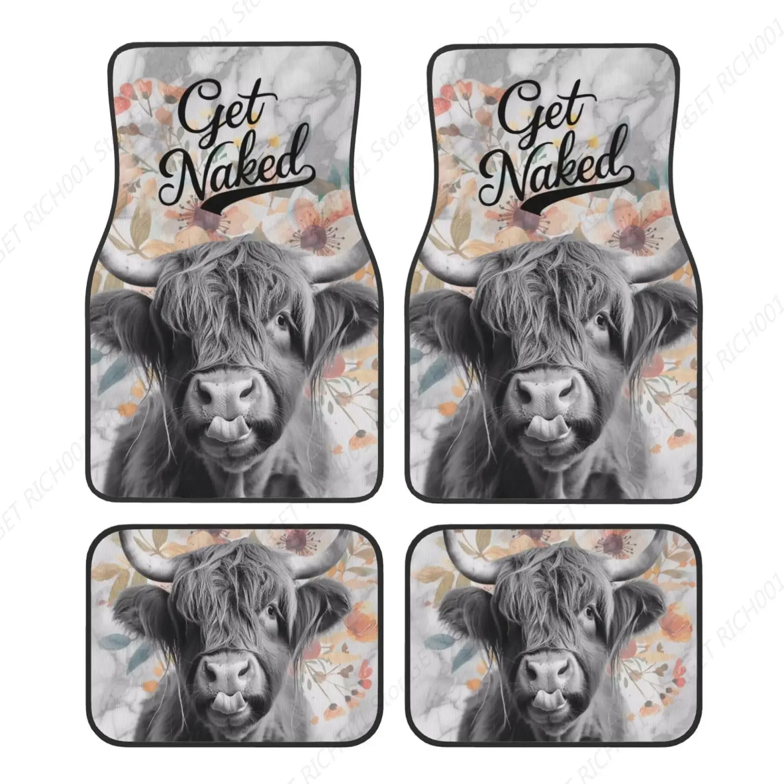

Funny Highland Cow on Marble Carpet Floor Mats for Cars, Auto Accessories Front Rear Car Floor Mats Sets of 4 Pieces