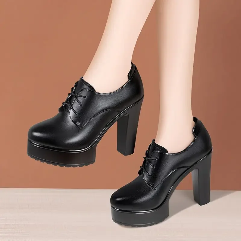 

12cm Small Size 33-43 Deep Mouth Soft Leather Oxfords Women Platform Pumps 2025 Fall Block High Heels Shoes Fur for Model Office