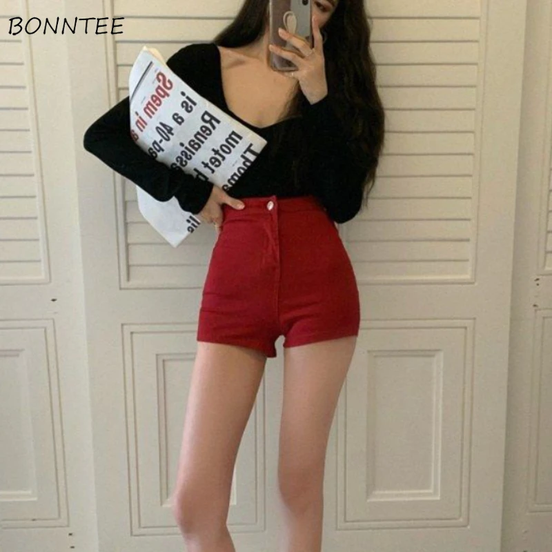 Denim Shorts Women Solid Retro High Waist Pockets British Style Ladies Sexy Fit All-match Simple Casual Chic Streetwear Summer