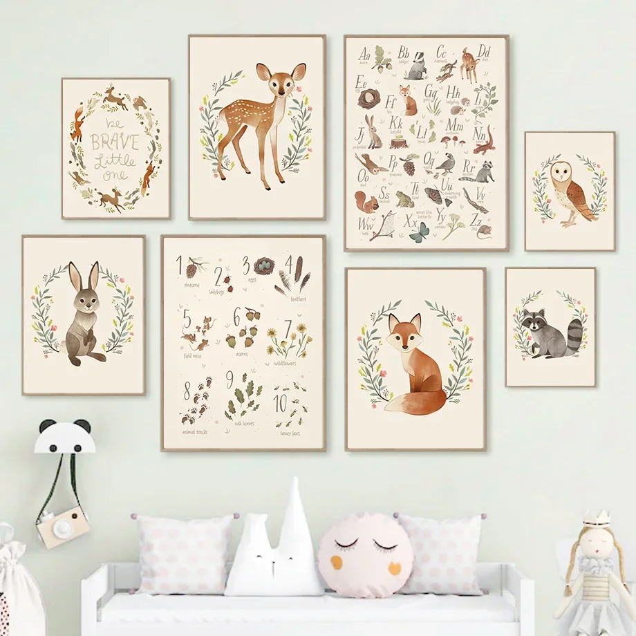여우 사슴 토끼 올빼미 너구리 곰 알파벳 숫자 벽 아트 캔버스 페인팅, 북유럽 포스터 및 프린트 벽 그림, 어린이 방 장식