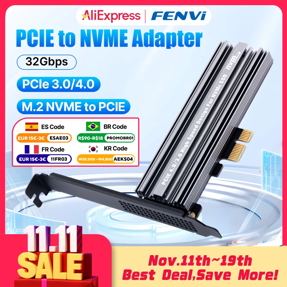 

Адаптер fenvi M.2 NVME SSD-накопитель PCIe 4.0 3.0 с алюминиевым радиатором, 32 Гбит/с, B&M-ключ, карта расширения PCIe x1 x4 x8 x16 для настольных ПК
