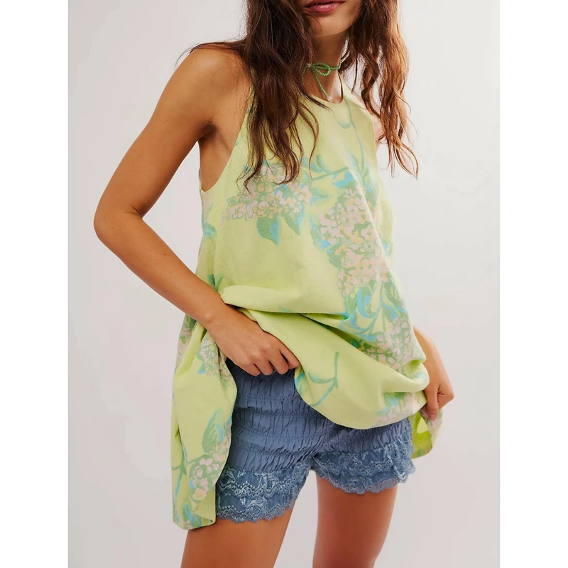 Minivestido corto holgado con estampado Floral Vintage Y2K para mujer, cuello redondo, sin mangas, con botones en la espalda y agujero recortado, corte en A, verano