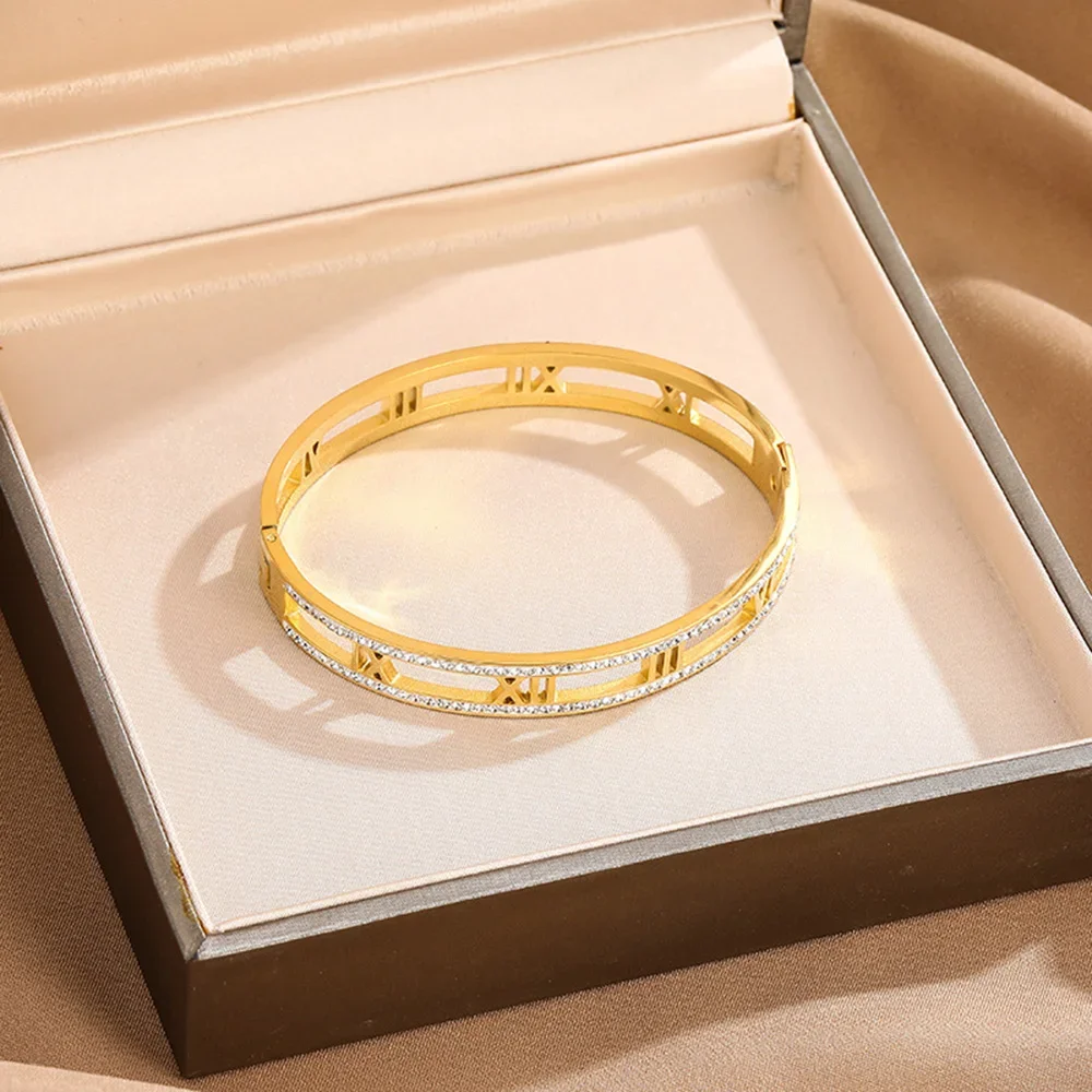 Luxe Kristal Holle Romeinse Cijfer Armbanden Voor Vrouwen Mannen Rvs Unisex Bangle Mode Klassieke Sieraden Accessoires