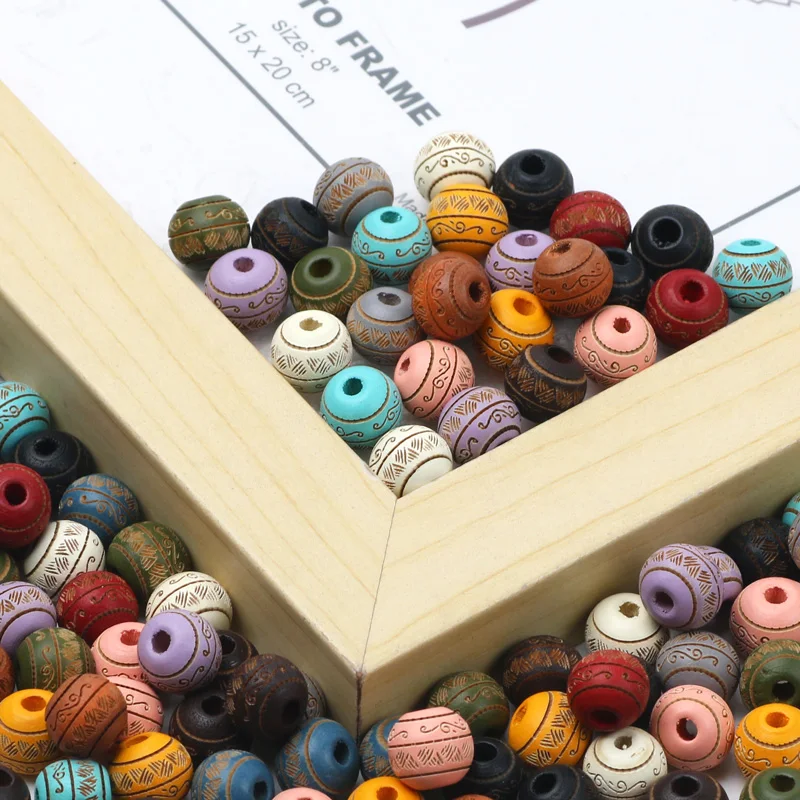 Printing Colored 10/20pcs 10mm Natural Wooden Beads For Jewelry Making Carved Decorative Pattern Beads DIY Bracelets Accessories