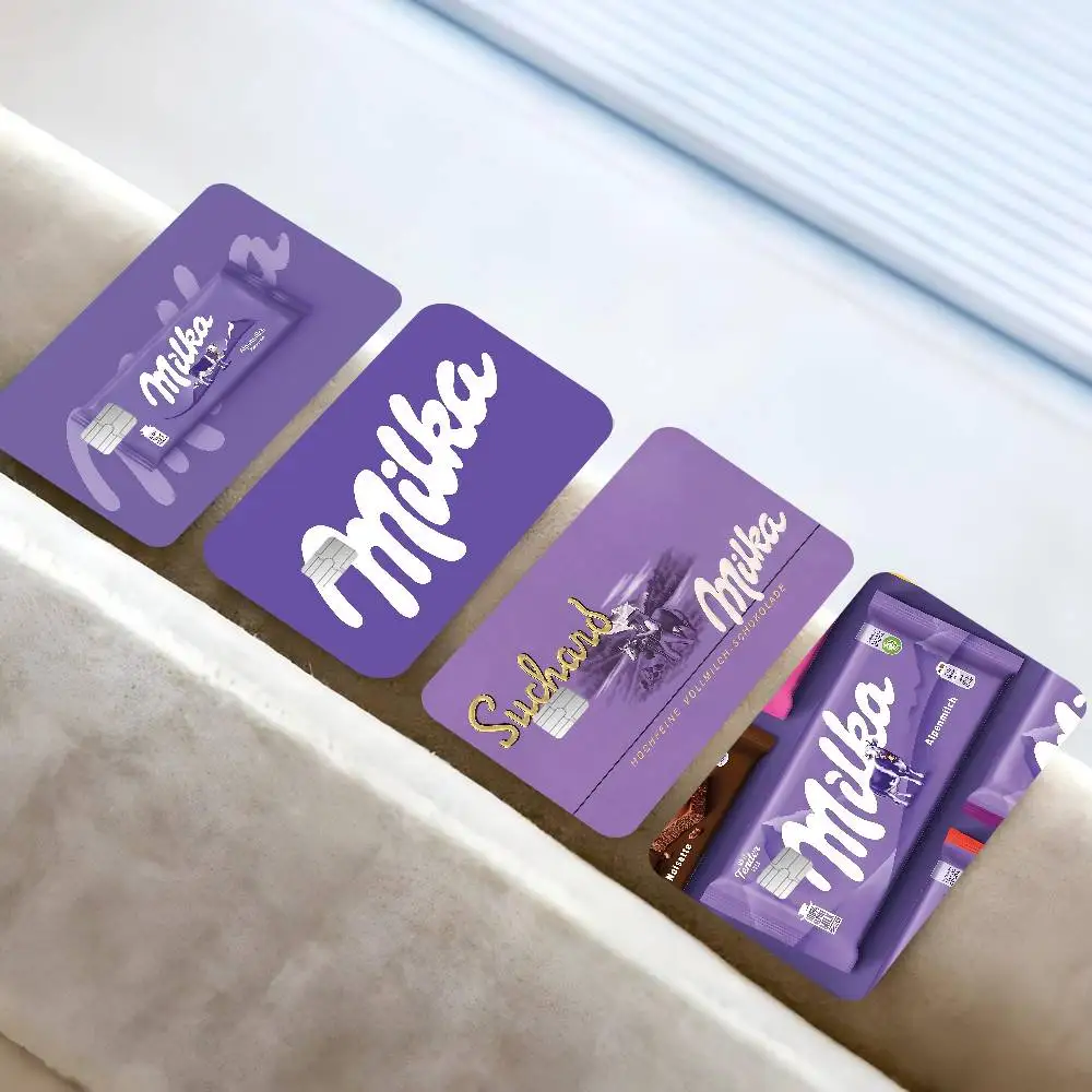 Pegatinas clásicas de piel para tarjetas de crédito con logotipo delicioso de M-Milka, sin residuos adhesivos, a prueba de agua para tarjetas de crédito VISA, tarjeta de metro