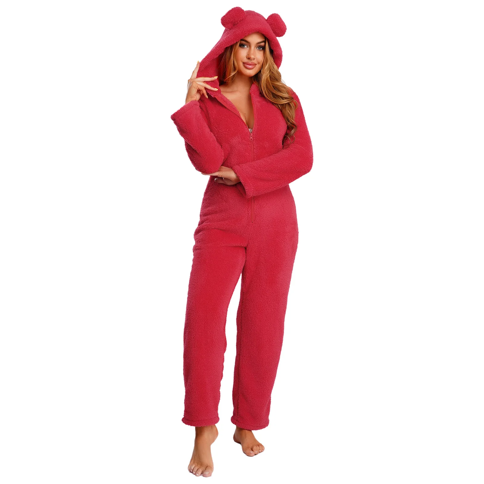

Womens Warm Flannel Homewear Rompers Front Zipper Back Button Opening Hooded Jumpsuit Pajamas Loungewear Nightwear