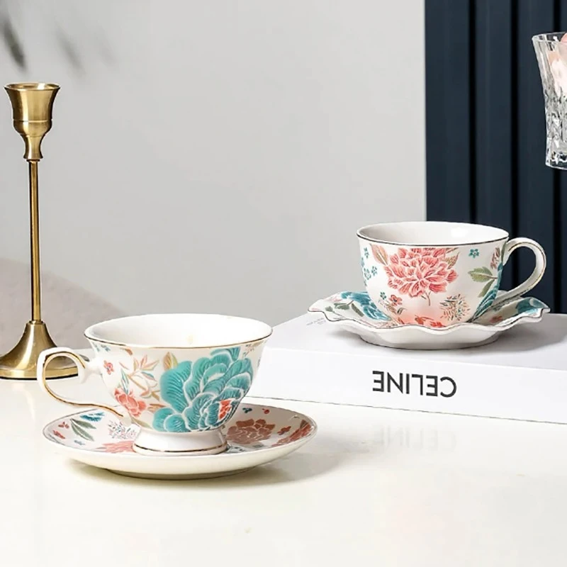 Floral Blooming Painted Cup&saucer Golden Edge Porcelain Coffee Mug Dining Table Afternoon Tea Teacup Fruits Juice Cup Mugs
