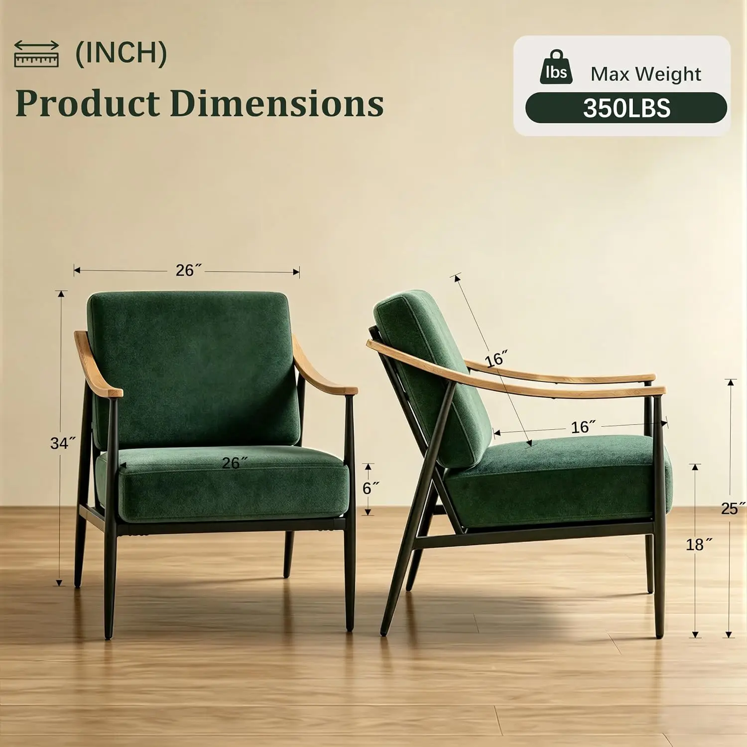 Mid Century Accent Chair Set of 2, Upholstered Armchair with Metal Frame for Living Room Bedroom Office, Green, Customized