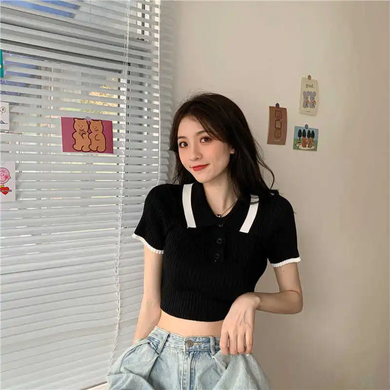 Patchwork Short Sleeves Knitted T-shirt Polo Neck Y2k Clothing Crop Tops Women Pullover Slim Skinny Neckline Streetwear Mujer