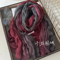 VREOVOR New Scarf Hemp Hand Feel Gradient Blue Autumn Winter Retro Versatile Printed Women's Long Fold Shawl Soft Fashionable 2