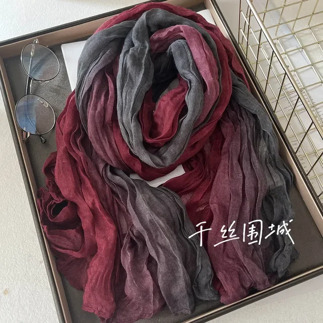 VREOVOR New Scarf Hemp Hand Feel Gradient Blue Autumn Winter Retro Versatile Printed Women's Long Fold Shawl Soft Fashionable 2
