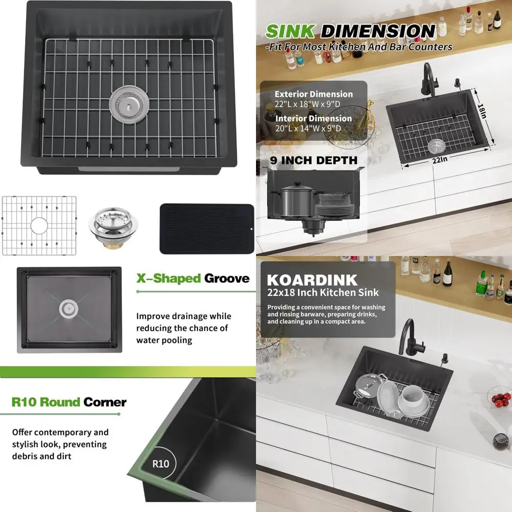 

Комбинированная кухонная мойка Undermount из нержавеющей стали — современная раковина с одной чашей 22x18 дюймов с решеткой, ковриком и сливным набором для барной стойки