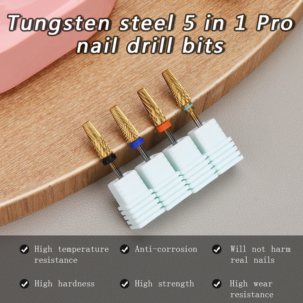 TFSCLOIN Tunsten Steel 5 in/pro Nail Drill Bits,with Nail Polish,Remove Dead Skin,Nail Shaping and Remove Dip Power Nail