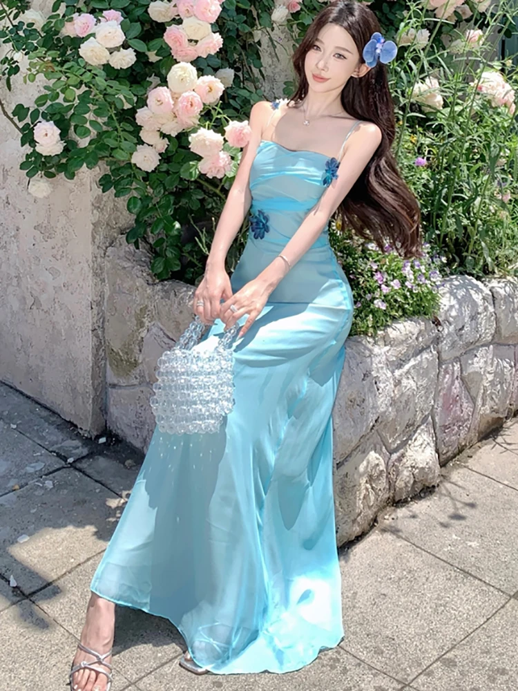 2025 novo azul apliques chique estilingue sexy vestido longo verão elegante bodycon vestido de férias feminino kroean vintage festa vestido de noite